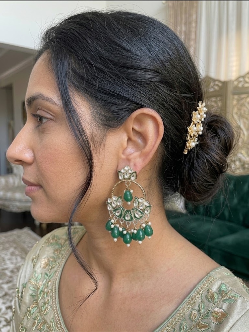 Elegant Green Drop Chandbali Earrings for Women